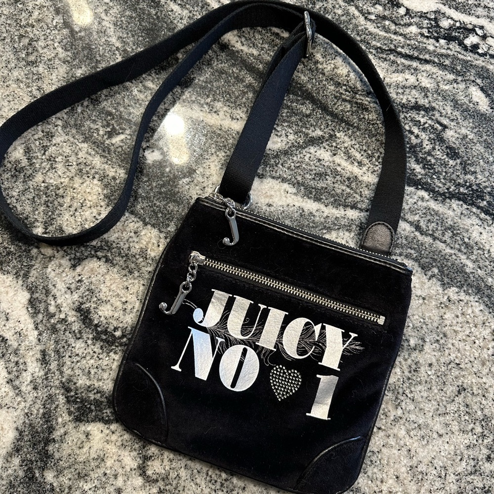 Juicy Couture black velvet cross body bag with silver accent and logo